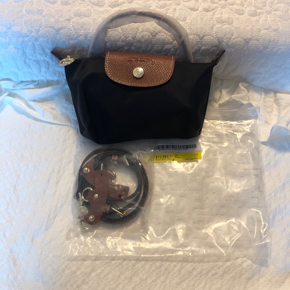 Longchamp Black Nylon Mini Bag with Brown Leather Flap